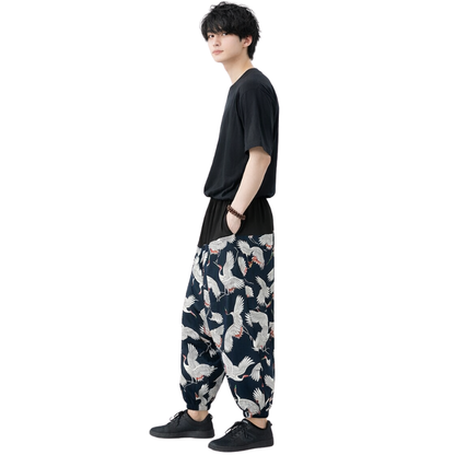 Pantalon Japonais Ample Homme À Motifs Grues