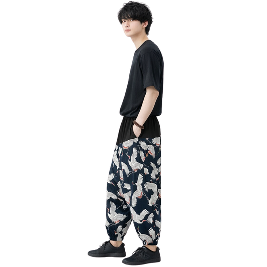 Pantalon Japonais Ample Homme À Motifs Grues