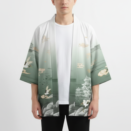Haori Homme Japonais Motif Château Impérial et Grues Volantes