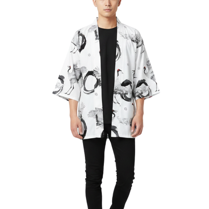 Haori Homme Japonais Blanc Motif Grues et Cercle Enso