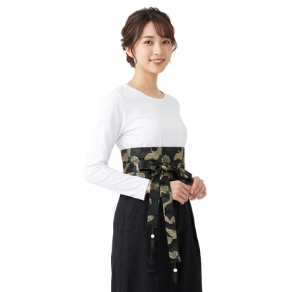 Ceinture Obi Noire À Motif Grue Dorée