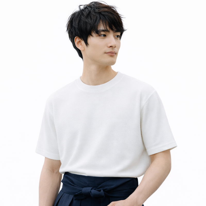 T-Shirt Japonais Minimaliste Gaufre Avec Col Rond