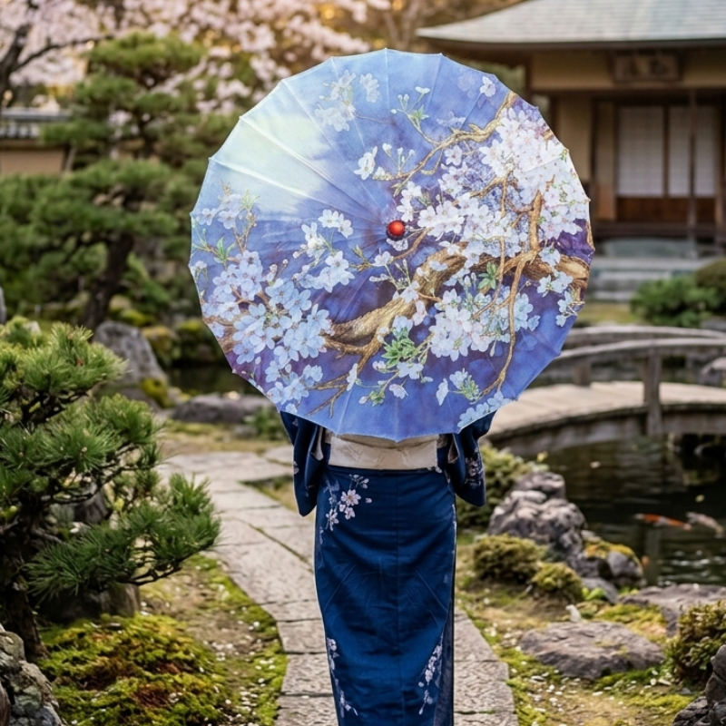 Parapluie Japonais Bleu Motif Fleurs De Cerisier
