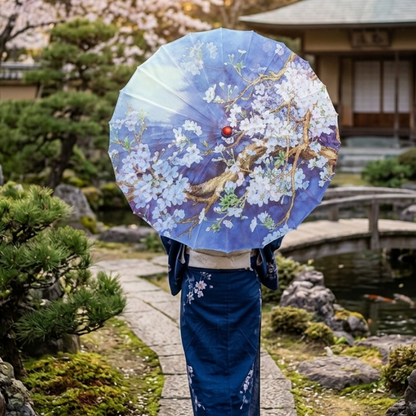 Parapluie Japonais Bleu Motif Fleurs De Cerisier