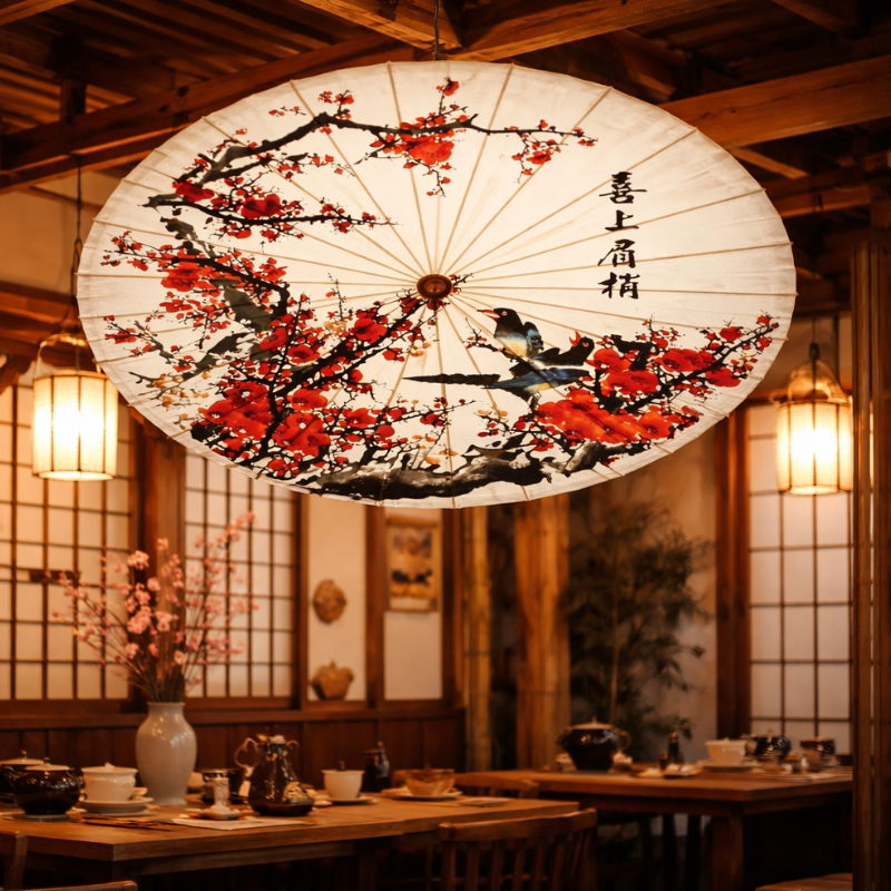Parapluie Japonais Motif Sakura Rouge Et Oiseaux
