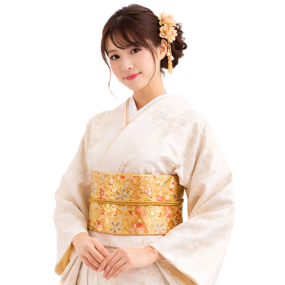 Ceinture Obi Japonaise Or Satiné Motifs Fleurs
