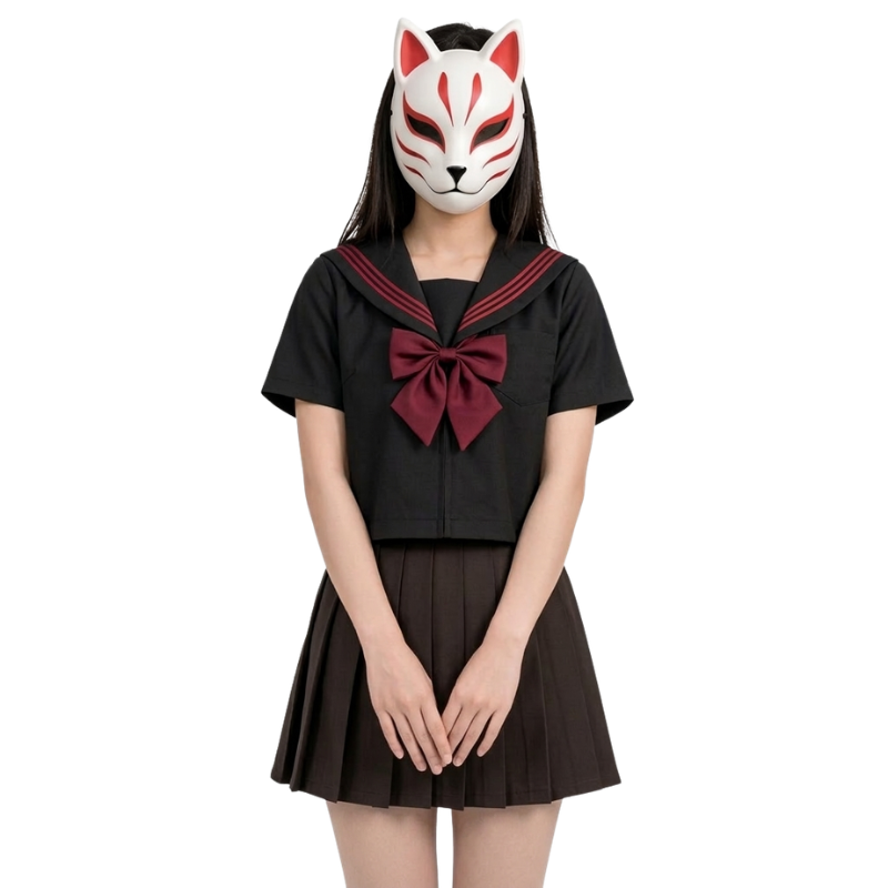 Uniforme Japonais Noir Avec Col Marin Et Nœud Rouge