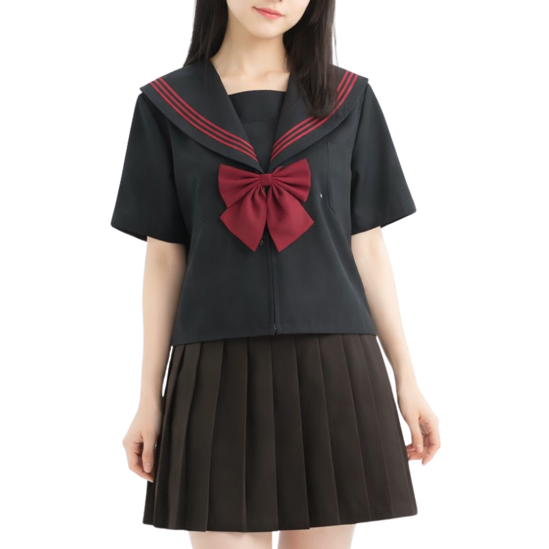 Uniforme Japonais Noir Avec Col Marin Et Nœud Rouge