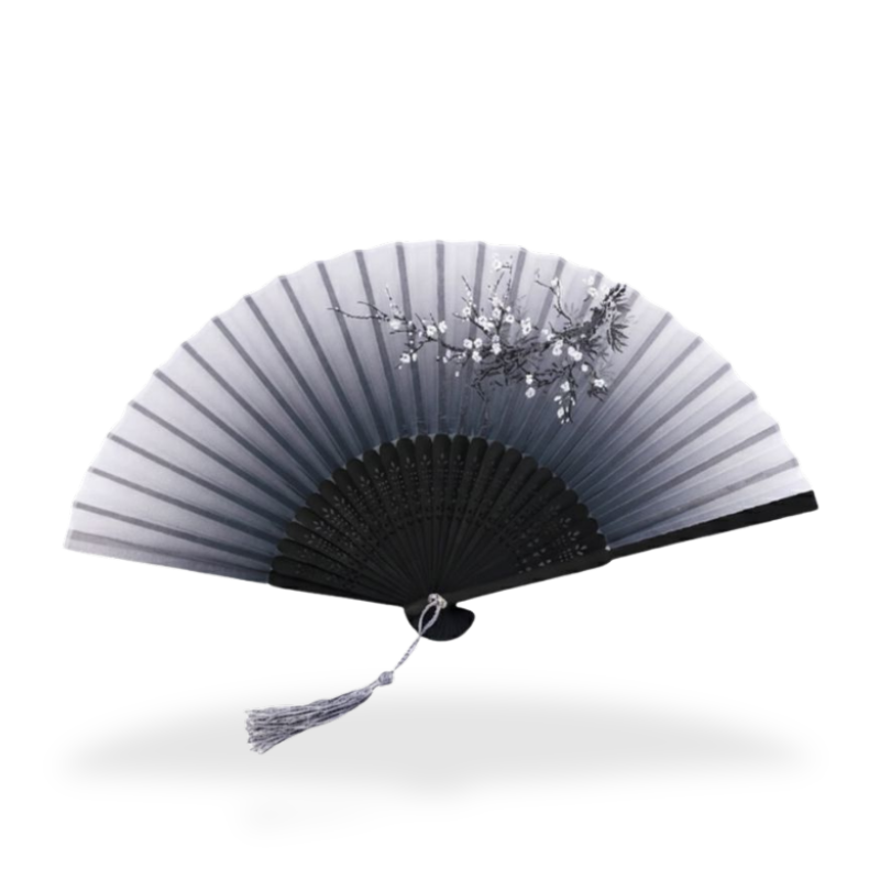 Éventail Japonais Gris Dégradé Avec Motif Branche Fleurie