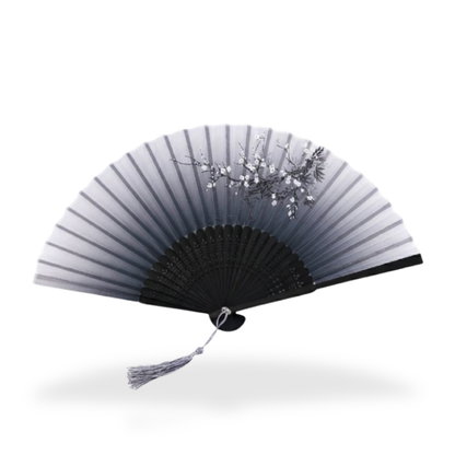 Éventail Japonais Gris Dégradé Avec Motif Branche Fleurie
