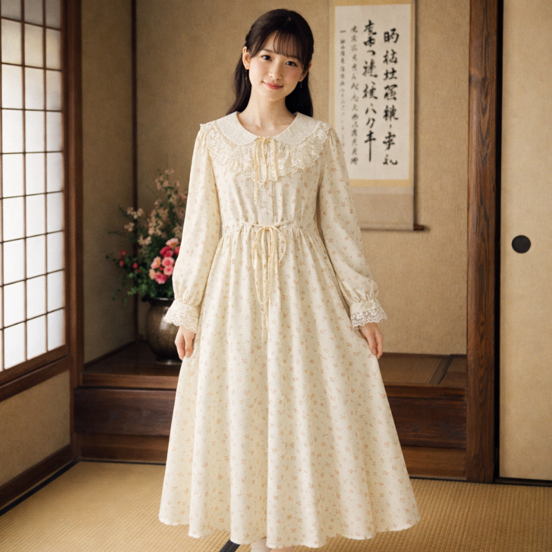 Robe Japonaise En Style Vintage Avec Motifs Floraux Discrets