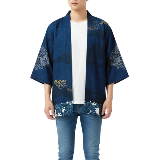 Haori Homme Japonais Bleu Marine Motif Vagues et Nuages