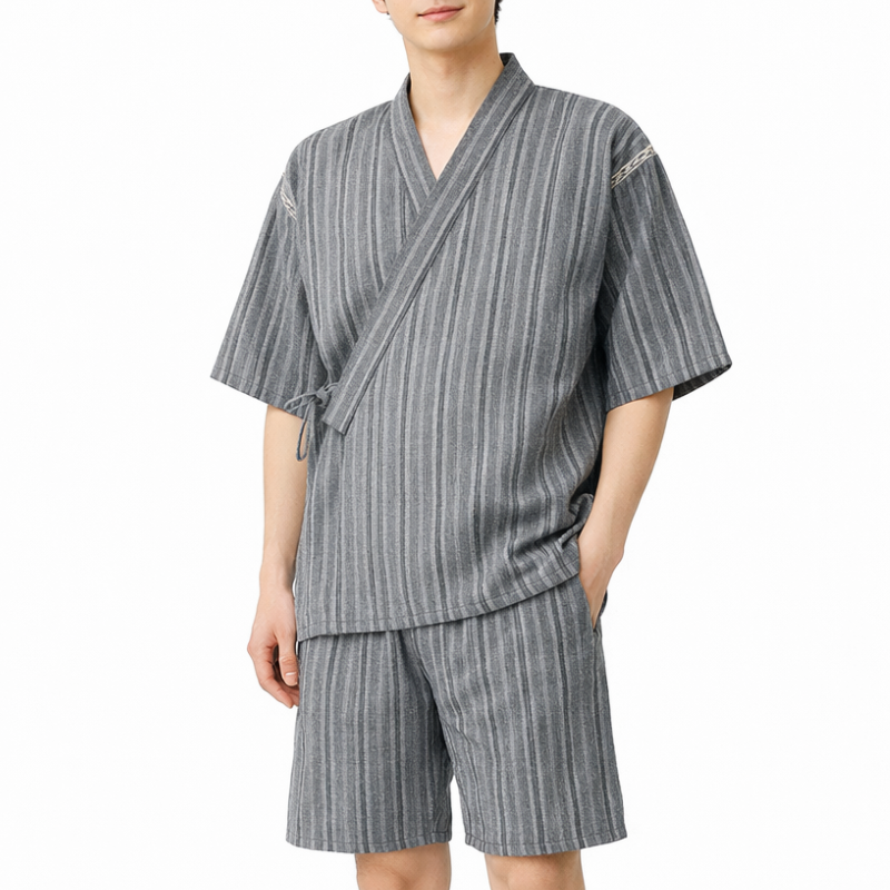 Jinbei Homme Japonais Rayé en Ensemble Veste Et Short