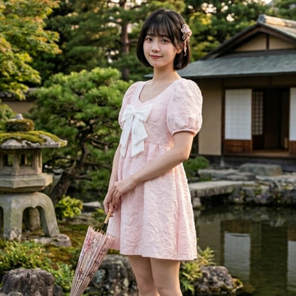 Robe Japonaise Rose Poudré Avec Nœud Large Et Manches Bouffantes