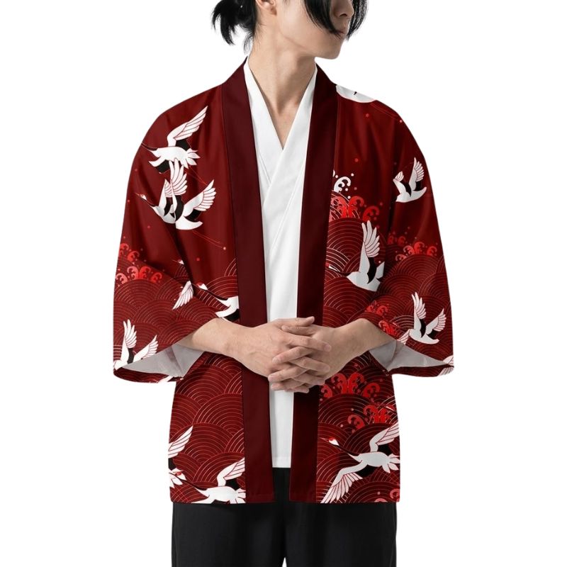 Haori Homme Japonais Rouge Grues Blanches et Motifs Seigaiha