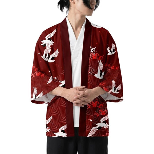 Haori Homme Japonais Rouge Grues Blanches et Motifs Seigaiha