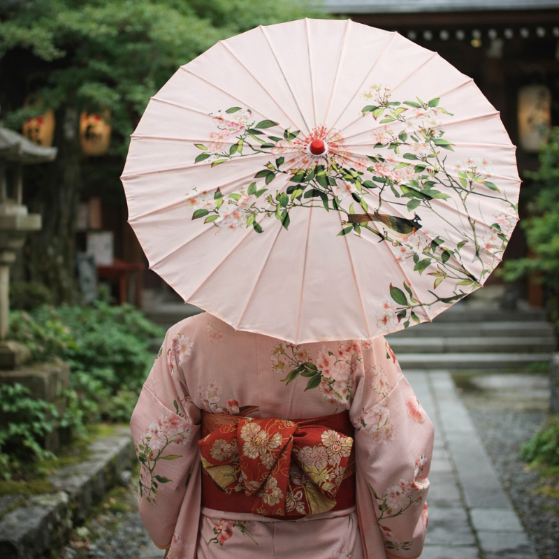 Parapluie Japonais Élégant Avec Motif Sakura Et Oiseau
