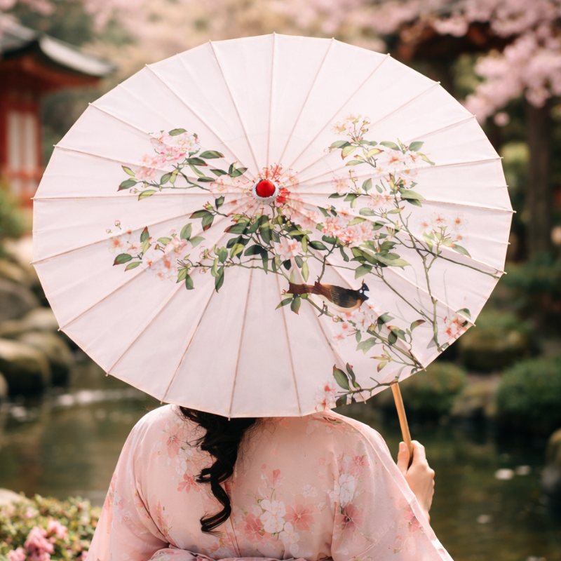 Parapluie Japonais Élégant Avec Motif Sakura Et Oiseau
