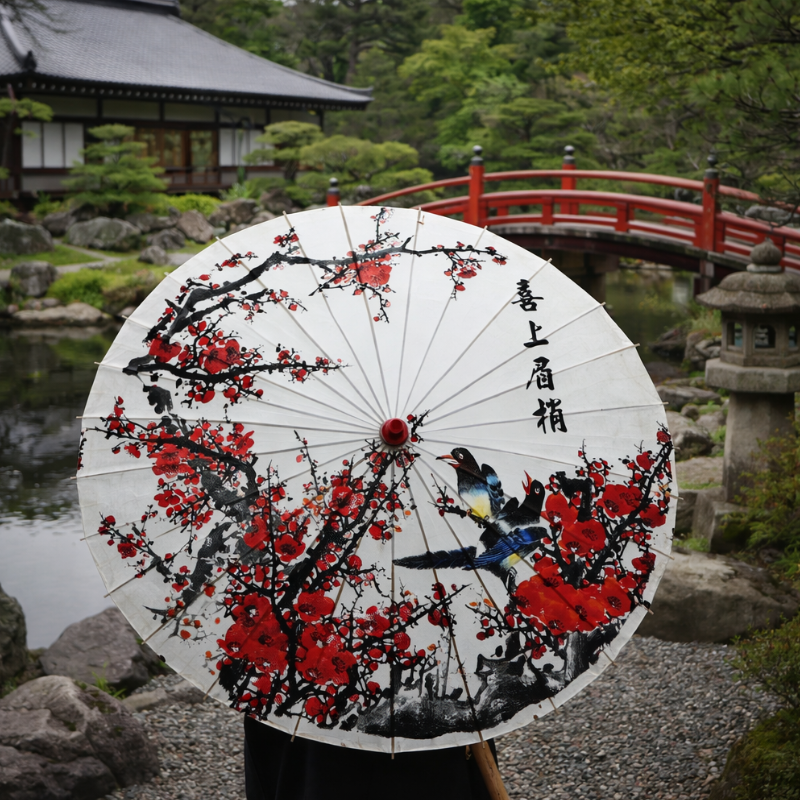 Parapluie Japonais Motif Sakura Rouge Et Oiseaux