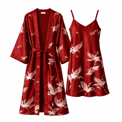 Ensemble Kimono En Satin Avec Motifs Grues, Ensemble Kimono Rouge