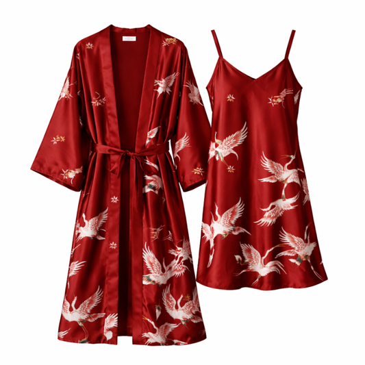 Ensemble Kimono En Satin Avec Motifs Grues, Ensemble Kimono Rouge