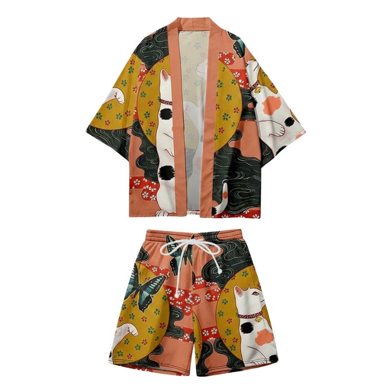 Ensemble Kimono Japonais Avec Motif Chat Maneki Neko Porte Bonheur, ensemble kimono avec motif