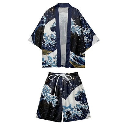Ensemble Kimono Japonais Avec Motif Vagues Nocturnes, ensemble kimono avec motif vague