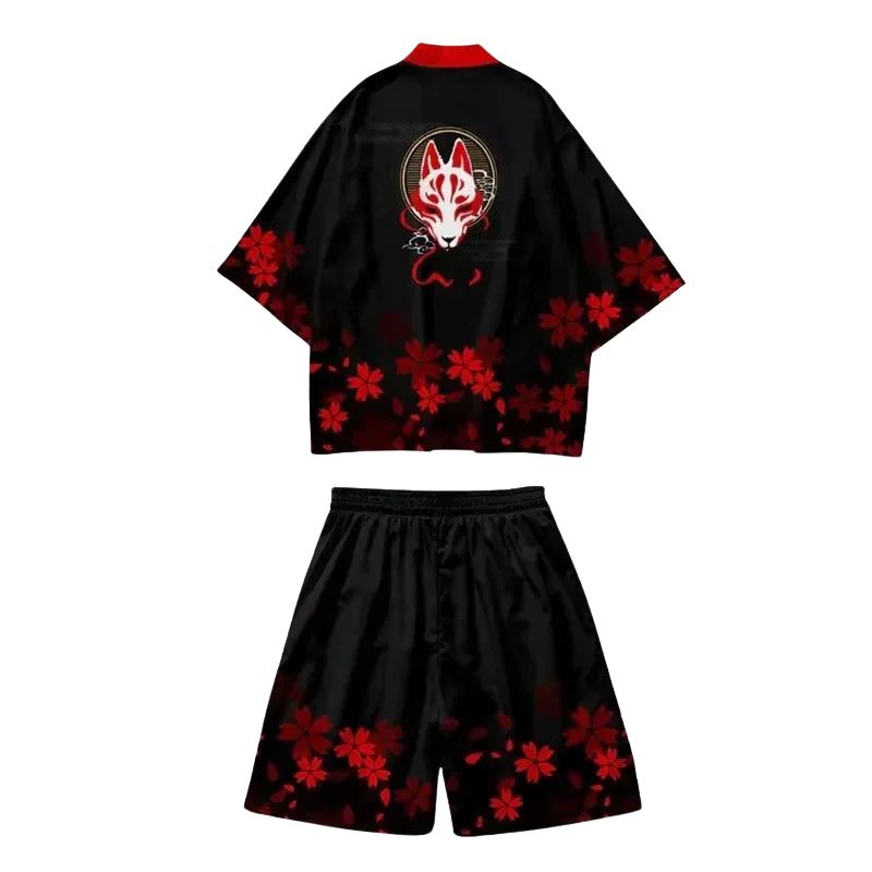 Ensemble Kimono Moderne Avec Motif Renard, ensemble kimono avec motif renard