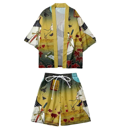 Ensemble Kimono Style Japonais En Veste Ample Et Short Illustré, ensemble kimono  style japonais