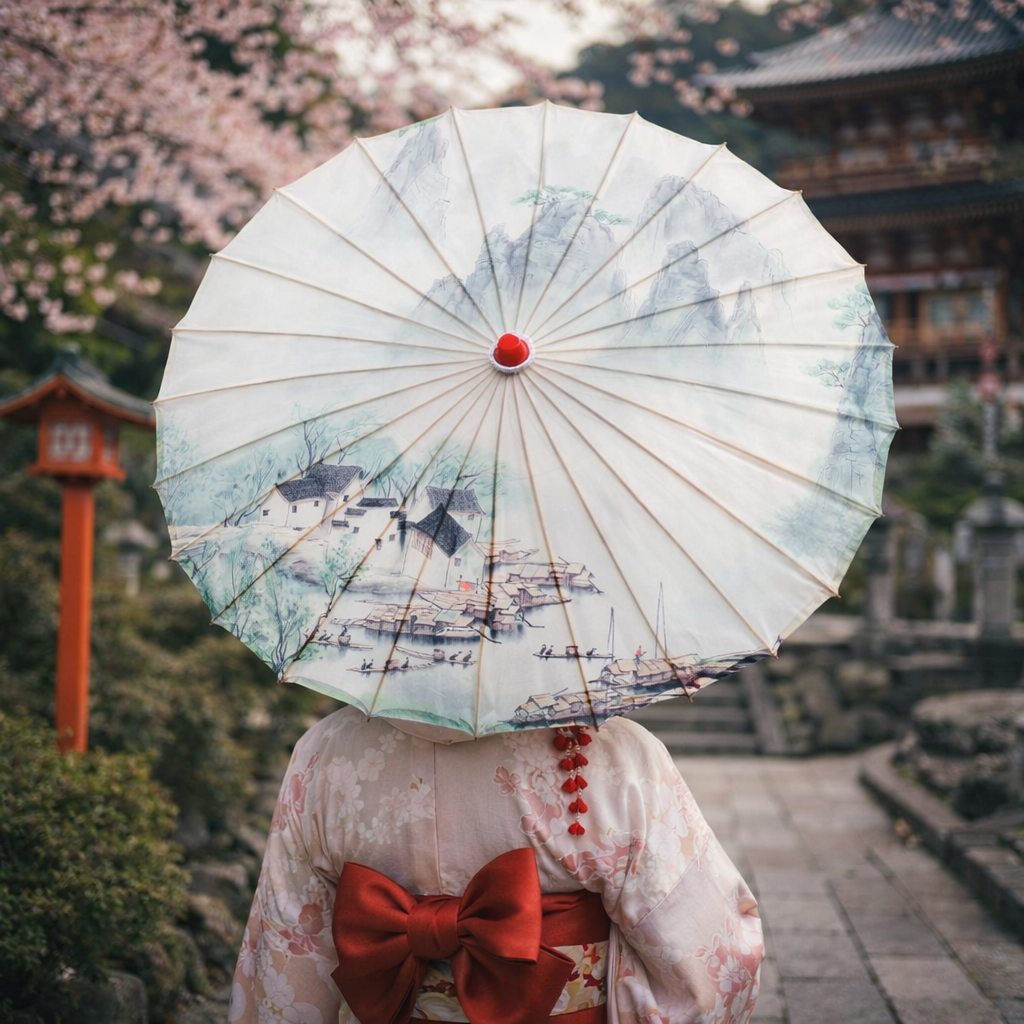Parapluie Japonais En Papier Blanc Avec Paysage Montagneux