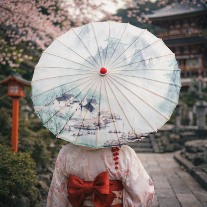 Parapluie Japonais En Papier Blanc Avec Paysage Montagneux