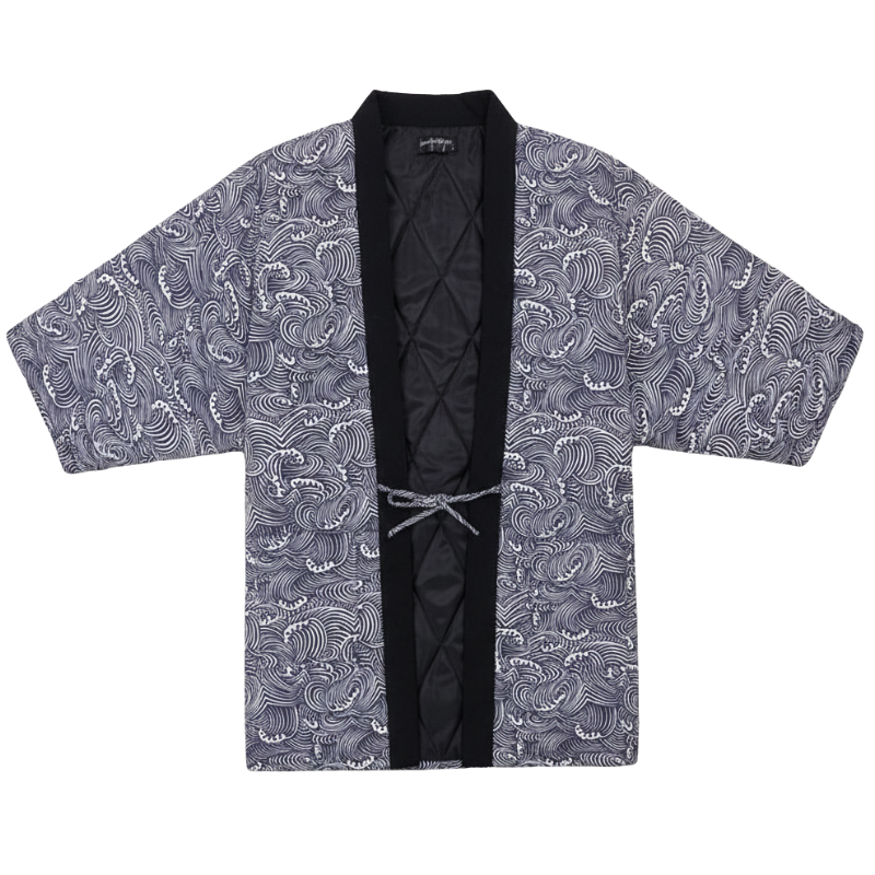 Hanten Homme Japonais Gris à Motif Vagues Traditionnelles, hanten homme japonais
