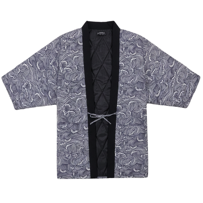 Hanten Homme Japonais Gris à Motif Vagues Traditionnelles, hanten homme japonais
