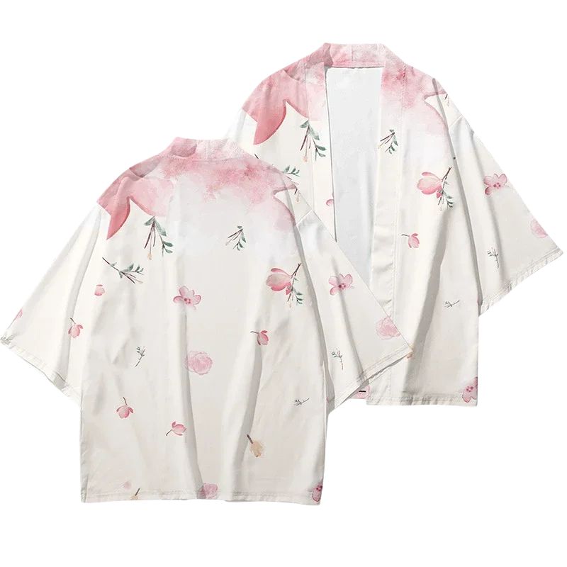 Haori Femme Blanc En Motif Fleurs Roses Délicates, haori femme blanc