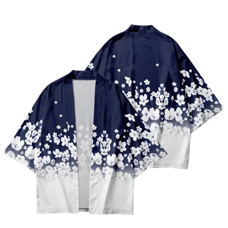 Haori Femme Bleu En Motif Fleurs Blanches Dégradé, haori femme bleu