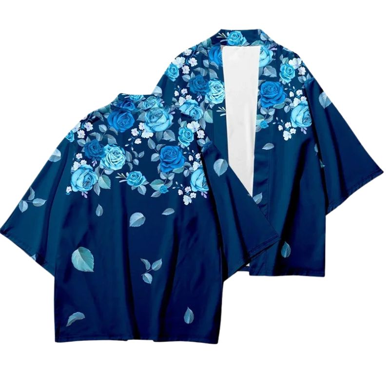 Haori Femme Bleu Marine En Motif Roses Élégantes, haori femme en bleu