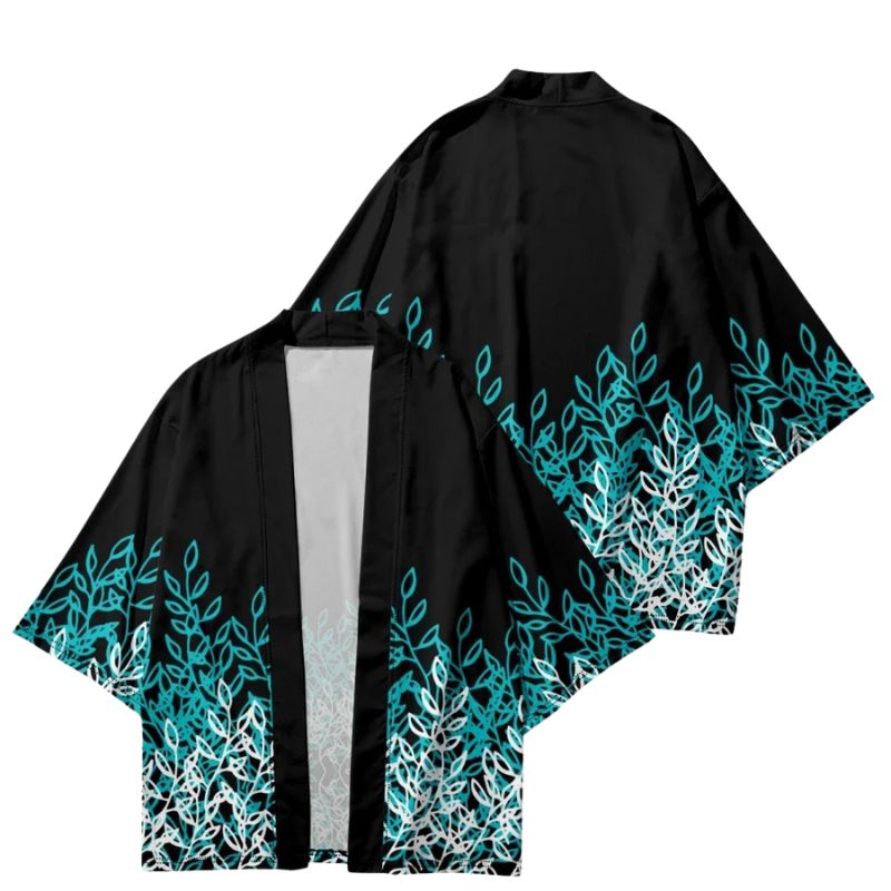 Haori Femme Noir En Motif Feuillage Bleu Et Blanc, haori femme noir