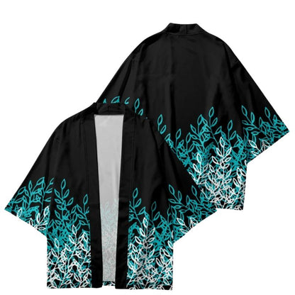 Haori Femme Noir En Motif Feuillage Bleu Et Blanc, haori femme noir