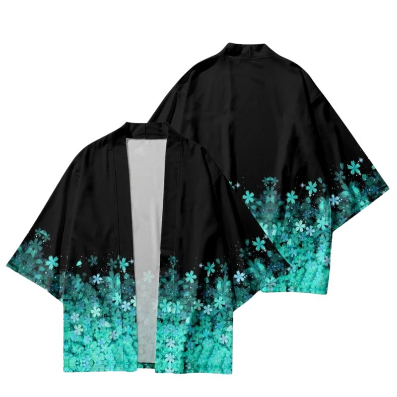 Haori Femme Noir En Motif Fleurs Turquoise Dégradé, haori femme turquoise