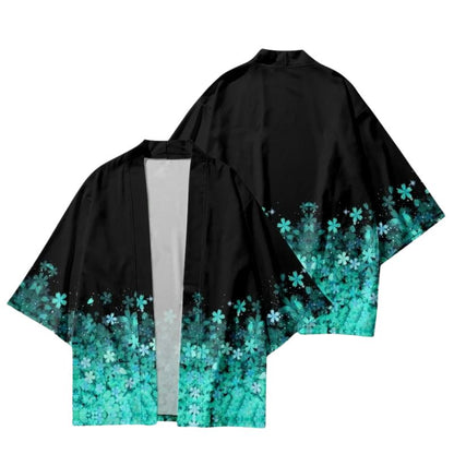 Haori Femme Noir En Motif Fleurs Turquoise Dégradé, haori femme turquoise
