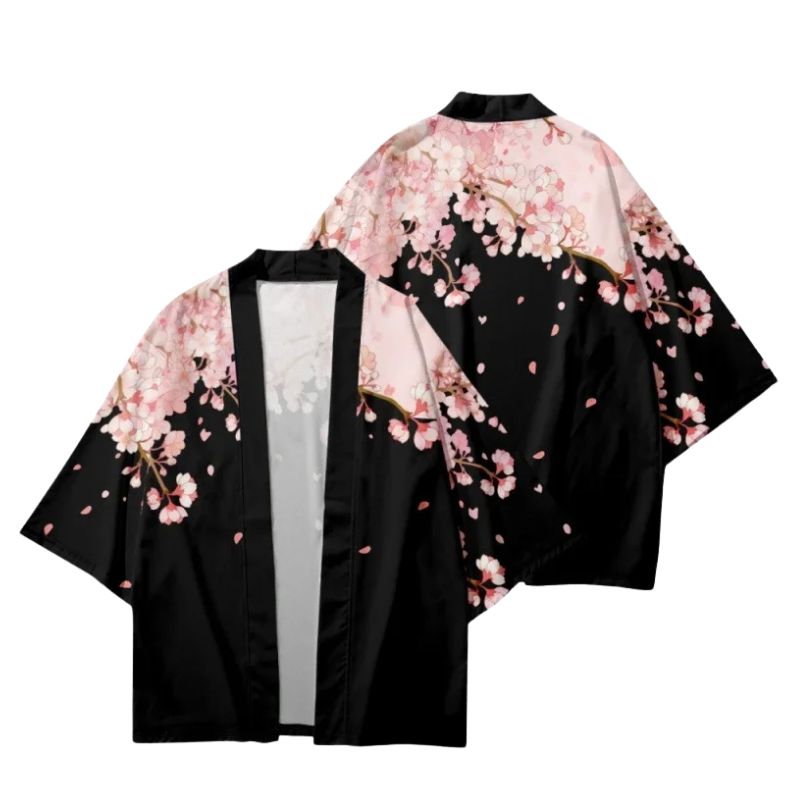 Haori Femme Noir Et Rose En Motif Fleur De Cerisier, Haori femme noir et rose