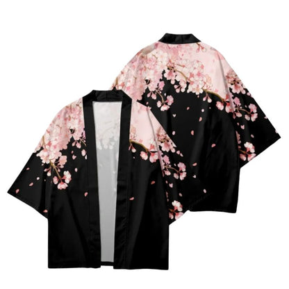 Haori Femme Noir Et Rose En Motif Fleur De Cerisier, Haori femme noir et rose