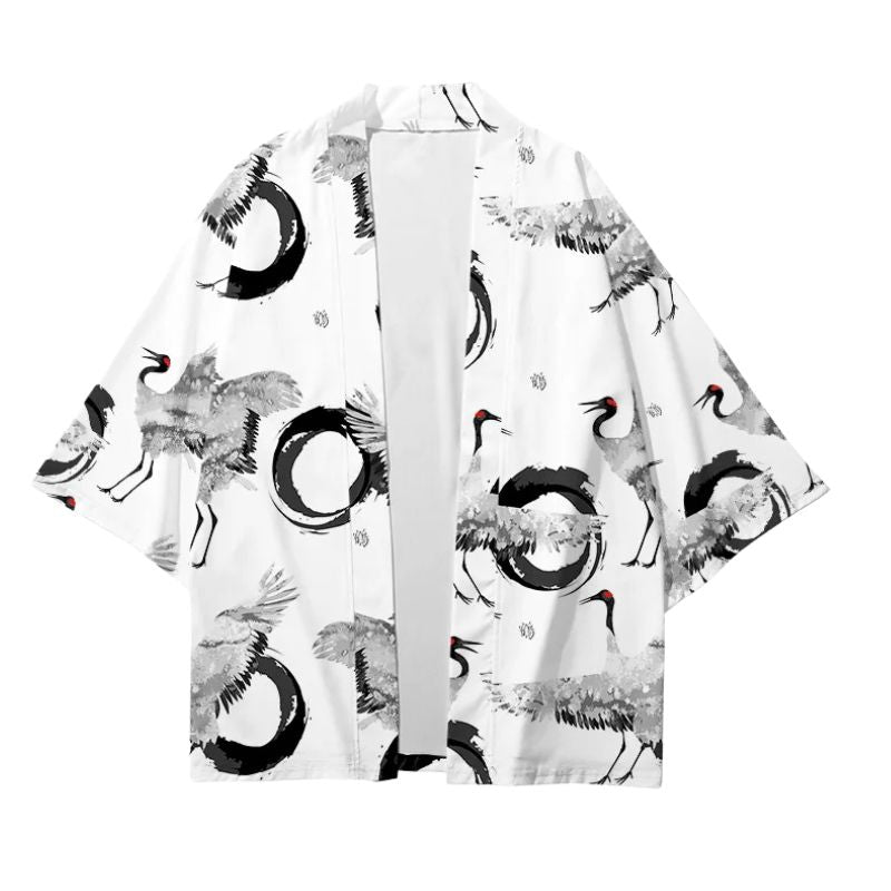 Haori Homme Japonais Blanc Motif Grues et Cercle Enso, Haori Homme 