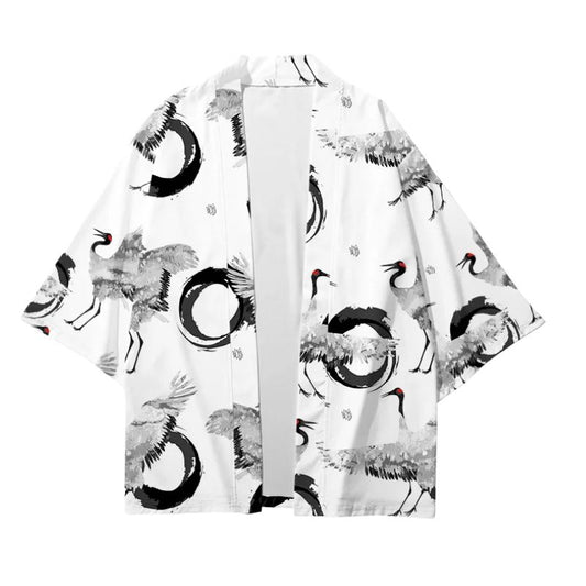 Haori Homme Japonais Blanc Motif Grues et Cercle Enso, Haori Homme 