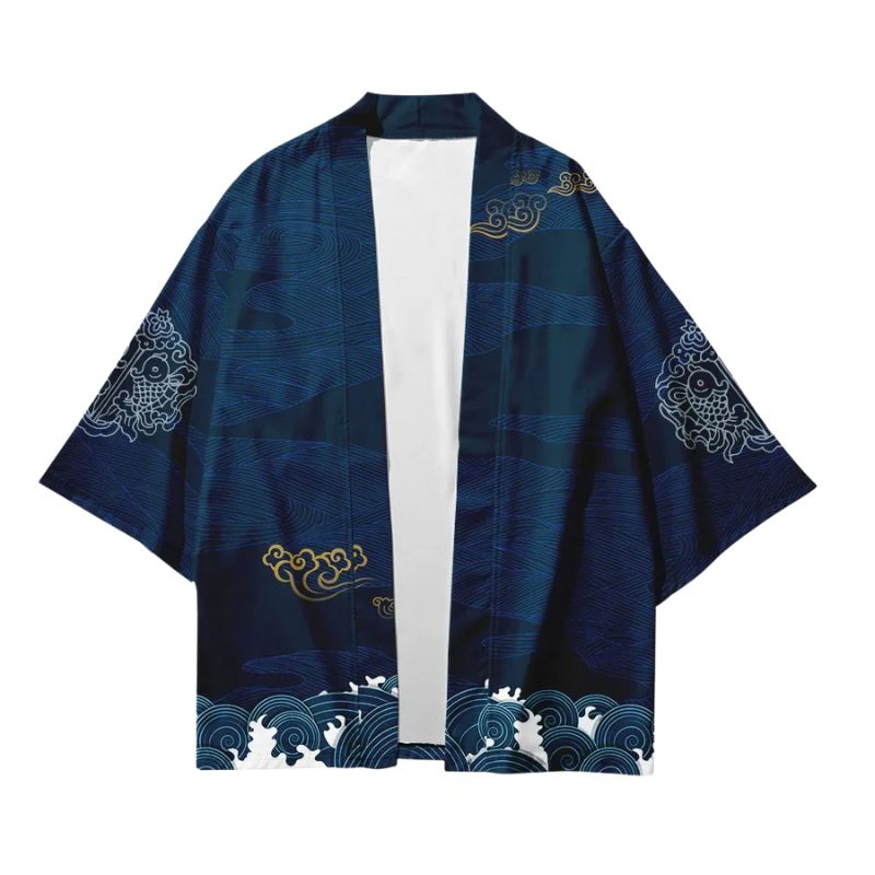 Haori Homme Japonais Bleu Marine Motif Vagues et Nuages, Haori Homme