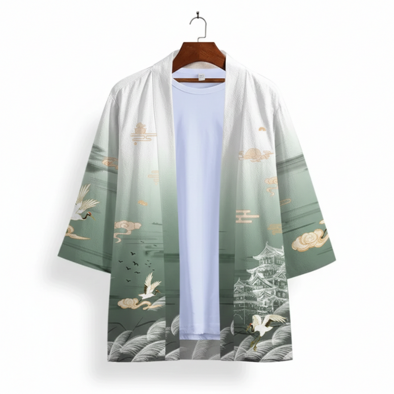Haori Homme Japonais Motif Château Impérial et Grues Volantes, Haori Homme 
