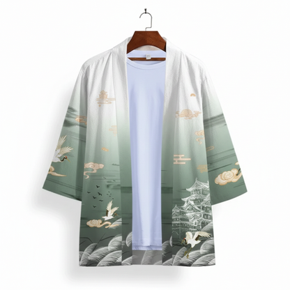 Haori Homme Japonais Motif Château Impérial et Grues Volantes, Haori Homme 