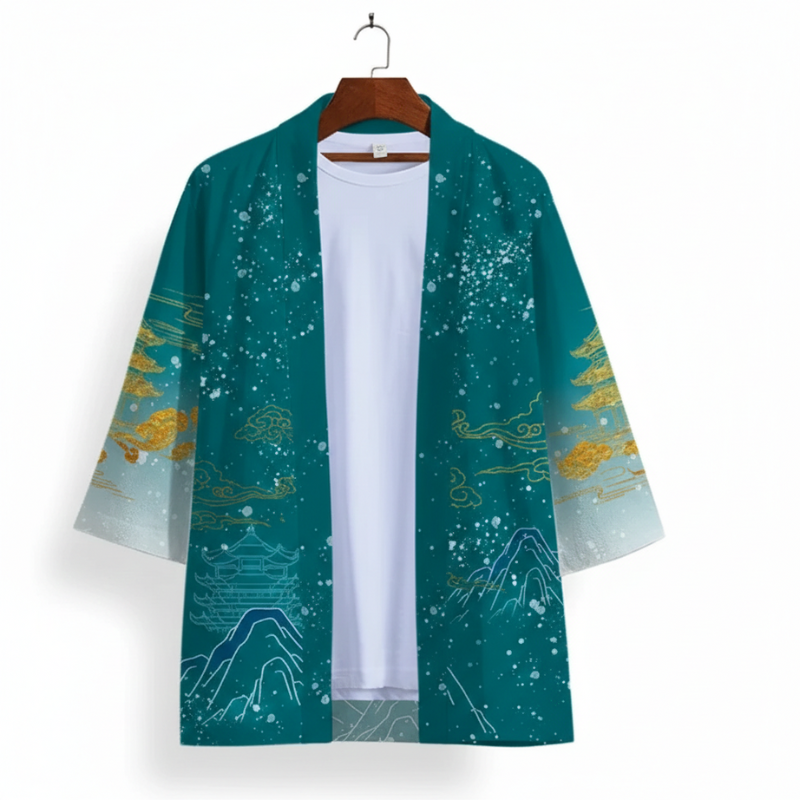 Haori Homme Japonais Motif Dragon Céleste et Paysage, Haori Homme 