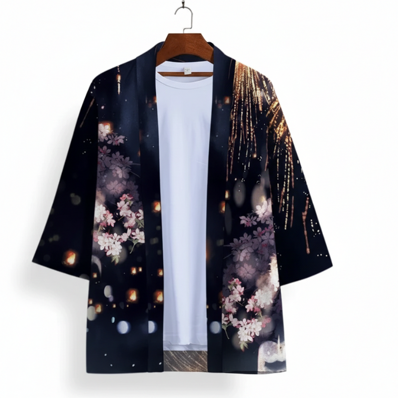 Haori Homme Japonais Motif Sakura Nocturne et Feux d’Artifice, Haori Homme 