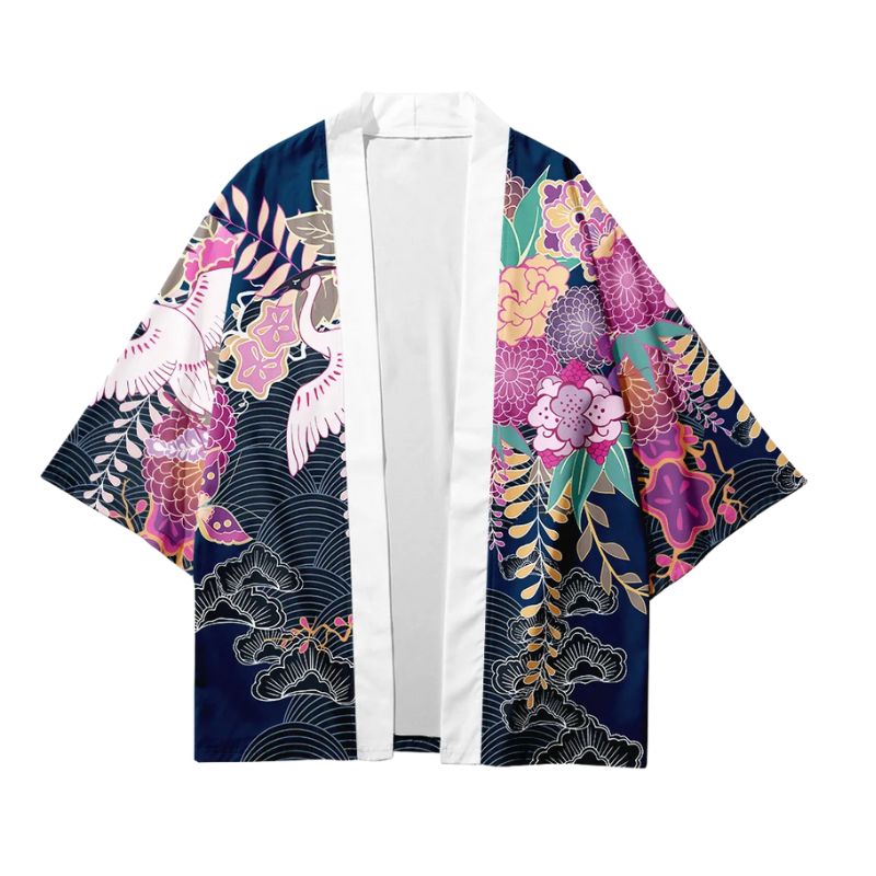 Haori Homme Japonais Motifs Floraux et Grues Symboliques, Haori Homme 